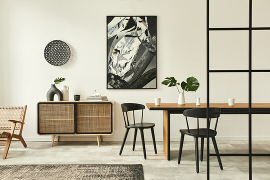 Stylish scandinavian living room interior of modern apartment with wooden commode, design table, chairs, carpet, abstract paintings on the wall and personal accessories in unique home decor. Template.