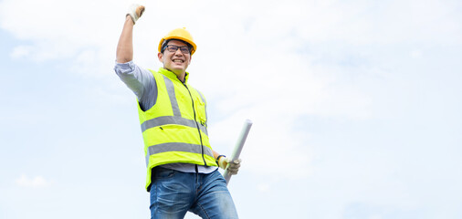 Success Asian man construction worker in hardhat. Celebration victory Success winning Leadership...