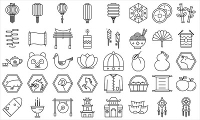 Fototapeta premium Chinese new year black outline traditional icon set. Included as firecracker, dragon, ox, lion, pig, plum, fan, noodle, lantern, lamp and more, vector eps 10.