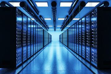 large modern data center with multiple rows of server racks, 3D Illustration