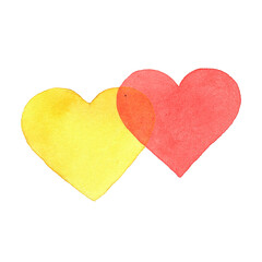 Couple of hearts. Yellow and Red. Hand-drawn watercolor illustration isolated on white background. Valentine's Day theme