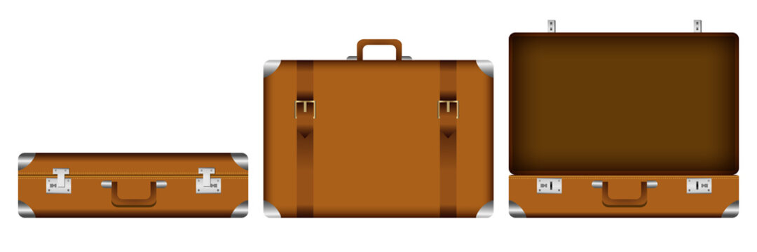 Illustration vectorielle d&rsquo;une valise marron dans 3 positions, ferm&eacute;e couch&eacute;e, ferm&eacute;e debout et ouverte.
