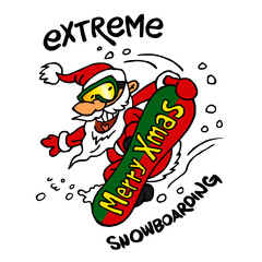 Extreme snowboarding, snowboarder Santa Claus jumps Big Air on snowboard with Merry Xmas sign, winter sport joke, color cartoon