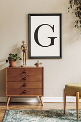 Stylish retro composition of living room with black mock up poster frame, vintage commode and pouf,...