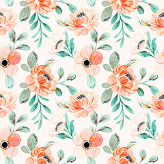Obraz premium Seamless pattern with pink floral and green leaves watercolor