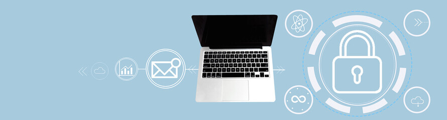 white laptop on gray background, data protection e-learning concept