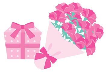 母の日のピンクのカーネーションの花束とプレゼントの箱