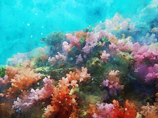 Obraz premium Colorful sea life, digital watercolor illustration