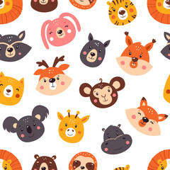 Naklejka premium Forest seamless pattern with cute animals. Pattern. Vector illustration isolated on white background.