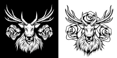 Obraz premium vintage Deer with roses in black and white concept
