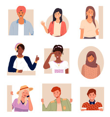 Set of portraits in flat design style. Positive young people different nationalities. Stylish person faces and shoulders avatars. Portrait of cool students with different skin colors and hairstyles