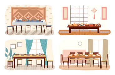 Set of dining room design flat vector. Dining table with food and chairs nearby. Furniture model for the interior of a room for dinner eating and spending time. Arrangement of furniture at home