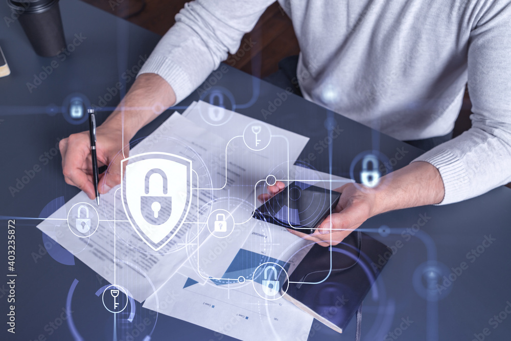 Poster a businessman in casual wear signing the contract to prevent probability of risks in cyber security.