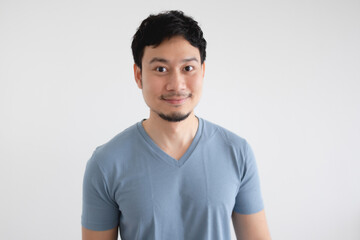 Portrait of happy Asian man in blue t-shirt on isolated white background.