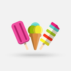 Set of various delicious ice cream including lolly ice, cones with different topping and fruit ice. illustration of healthy food for takeout, bar or restaurant menu. Cartoon style icon.