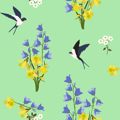 Seamless summer vector illustration with narcissus, campanula and swallows on a green background.