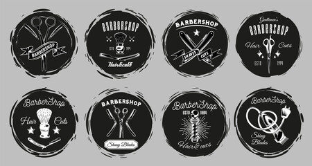 Set of logotype for barbershop in vintage style. Barber shop logo flat vector design emblem with barber objects sign and lettering. Hairdressing salon signboard. Style haircut banner poster