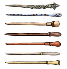 Big set of different wooden magic wands. Magical items for wizards. Halloween outfit. Hand drawn illustration isolated on a white background.