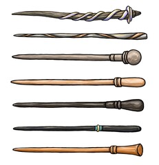 Big set of different wooden magic wands. Magical items for wizards. Halloween attributes. Hand drawn illustration isolated on a white background.