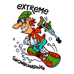 Extreme snowboarding, snowboarder with broken arm and leg in plaster and with crutch goes downhill, winter sport joke, color cartoon