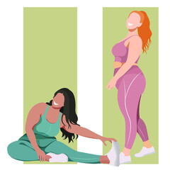 vector illustration on the theme of body positive. active cheerful active girls plus size in sports uniforms (leggings and sports bra). my body is my business. my body - my rules. love your body.