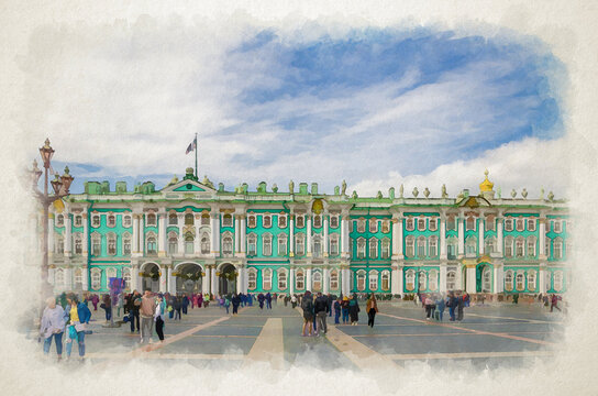 Watercolor drawing of Saint Petersburg: The State Hermitage Museum building, The Winter Palace official residence of the Russian Emperors