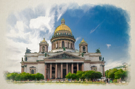 Watercolor drawing of Saint Isaac's Cathedral or Isaakievskiy Sobor museum, neoclassical style building with golden dome, Russian Orthodox Church