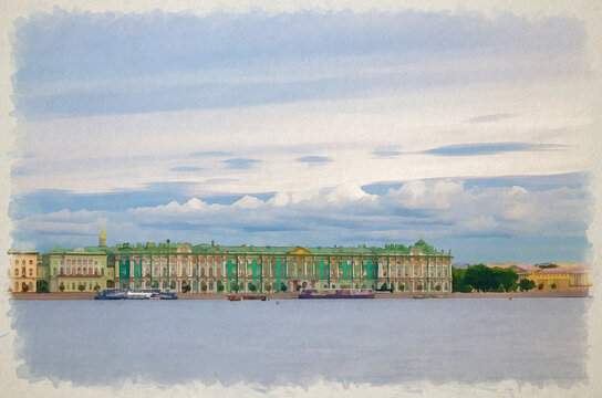 Watercolor drawing of The State Hermitage Museum building, The Winter Palace official residence of the Russian Emperors