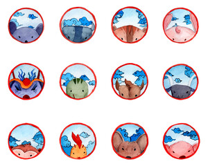 Asian zodiac animals watercolor illustration. Lunar new year aquarelle artworks set. Rat, Ox, Tiger, Rabbit, Dragon, Snake, Horse, Goat, Monkey, Rooster, Dog, Pig art. Cute decorative clipart. 