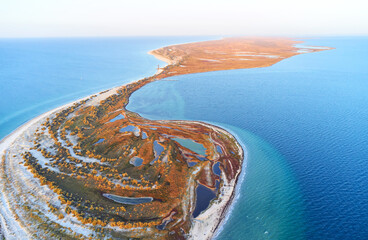Beautiful land. Aerial view of Jarilgach island in Ukraine. Majestic landscapes