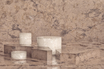 3 podiums between geometric shapes made of beige and brown marbles, scene prepared to expose products for sale. Set sail champagne 2021 trend colors. 3d render illustration.