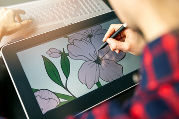 Fototapeta illustrator graphic designer draw flower illustration on drawing tablet. digital artist at work obraz