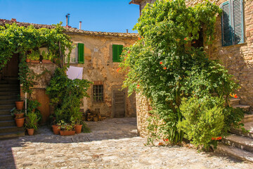 Historic stone buildings in the village of Montorsaio in Tuscany, part of Campagnatico in Grosseto...