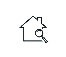 Magnifier Search Estate Vector Icon. House Building In Magnifier Pictogram. Mortgage On Real Estate, Rent, Buy Or Sale Apartment Garage Contour Monochrome Illustration
