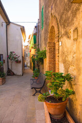 A street of historic stone buildings in the village of Montorsaio in Tuscany, part of Campagnatico...