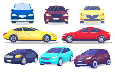 Set of colorful modern cars, automobiles from front and side. Vehicle of everyday using transport. Transportation, taxi. Comfortable auto for driving. Sedan or hatchback auto with tinted windows