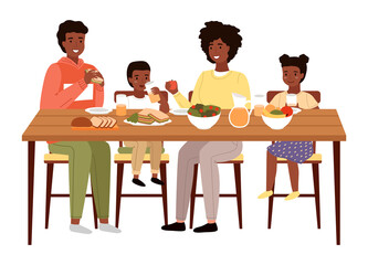 The family dines with healthy food. Relatives eat natural fresh products vector illustration. Afro american people having dinner isolated on a white background. Table with fruit, salad and sandwiches