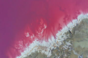 Coast with pink water. Aerial view of majestic landscapes of Jarilgach island in Ukraine