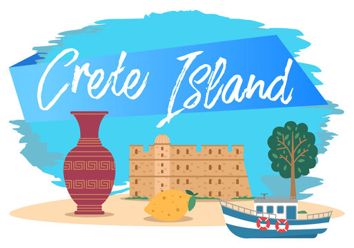 Symbols Of Island Crete And Attractions Isolated On A Blue Background. Ancient Buildings And Pottery. Ship For Travel By Water. Landscape Of Greece Territory With Trees. Yellow Lemon With A Green Leaf