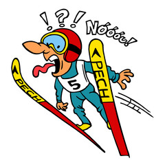 Ski jumper flies through the air and screams in fear, color cartoon