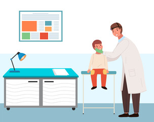 A patient with a sore throat at the doctor s appointment. Otolaryngologist treats a small child. Doctor with patient in a medical office in the hospital. ENT holds the boy by the head to see his mouth