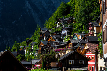 Obraz premium Picturesque Lakeside Town Hallstatt At Lake Hallstaetter See In Austria