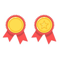 Gold medal for first place in a sports competition with a star. Victory. Red ribbon. Flat minimalistic design. Icon. Isolated cartoon illustration on white background.