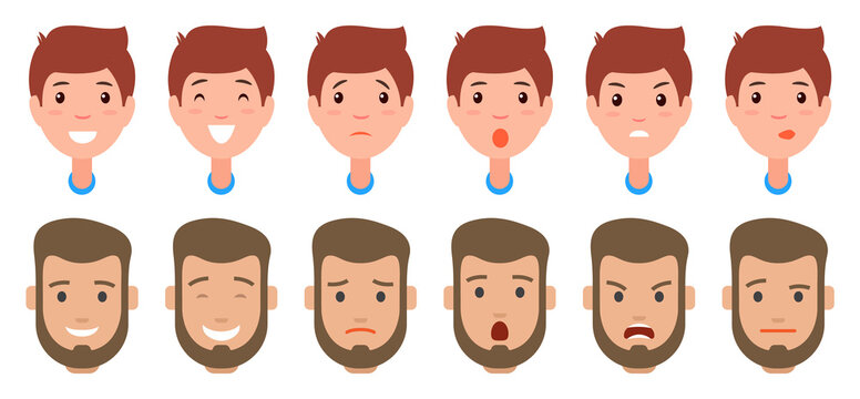 Set of character s emotions. Cartoon vector illustration. Boy and bearded man facial emotions. Emoji with different expressions. Front view of male s head. Angry, kind, smiles, screaming characters