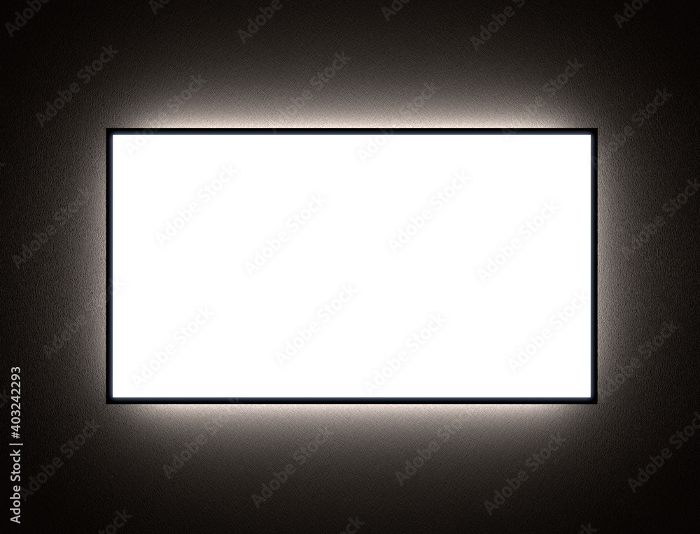 Poster mockup of tv, frame or ad screen with backlight in the dark on the wall. 3d rendering of lcd or led 