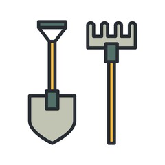 Shovel and rake icon isolated on white background. Gardening tools design.