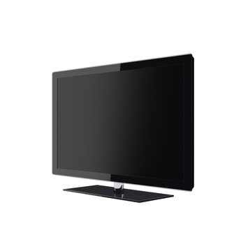 Angle View of Modern Black Monitor with Glass Stand. Realistic 3D Rendering of Sleek Screen Isolated on White Background.
