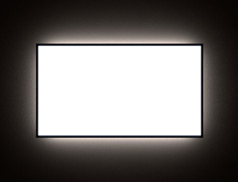 MockUp of TV, Frame or Ad Screen with Backlight in the Dark on the Wall. 3D Rendering of LCD or LED Flat Panel Monitor.