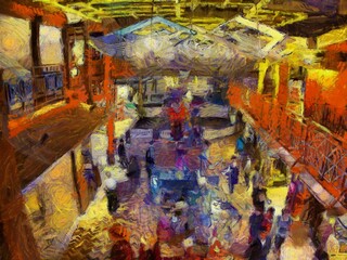 The landscape of the people in the mall Illustrations creates an impressionist style of painting.