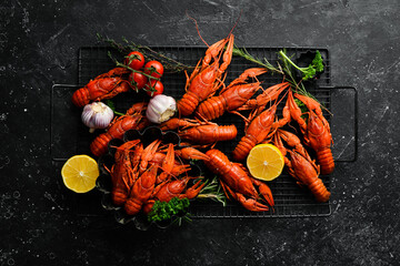 Beer party. Still life with crayfish crawfish on old wooden rustic background. Seafood. Top view....